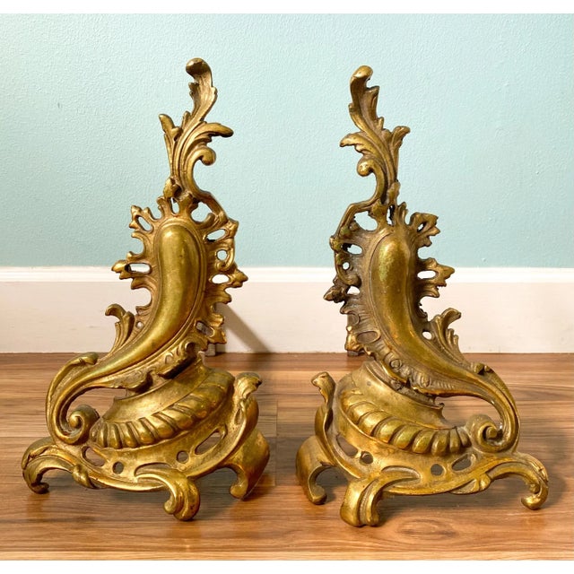 Rococo 19th C. French Rococo Brass Andirons – A Pair – Gilded Age / European Antique For Sale - Image 3 of 12