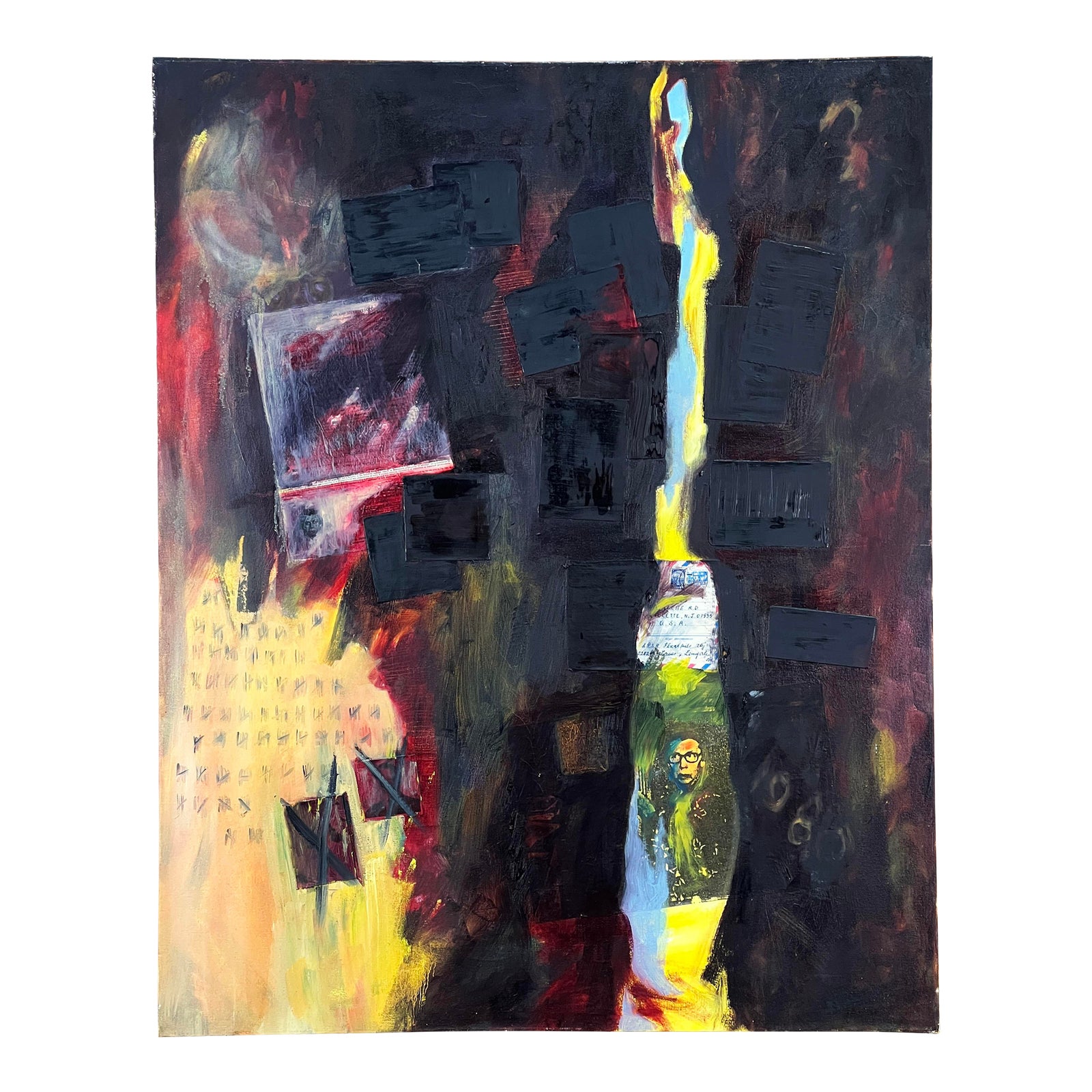 Vintage Dark Abstract Expressionist Painting Mixed Media Modern Art on Canvas