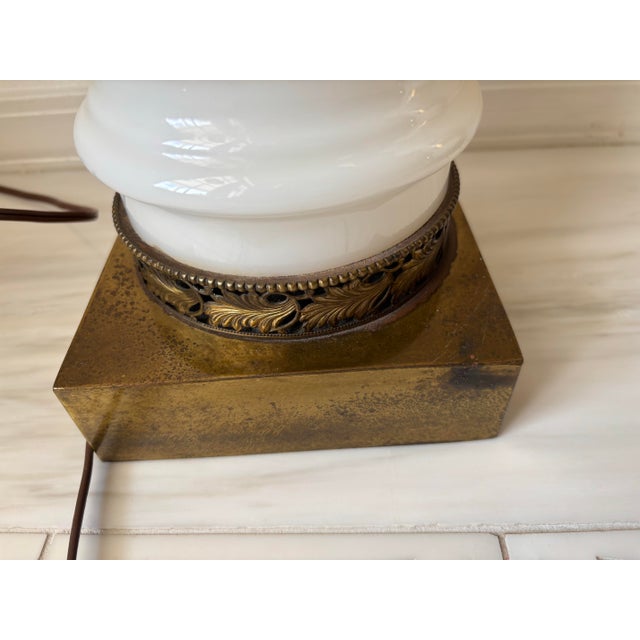 Mid 20th Century Hollywood Regency Midcentury Gold and White Hand Painted Opaline Palm Tree Table Lamps - a Pair For Sale In West Palm - Image 6 of 11
