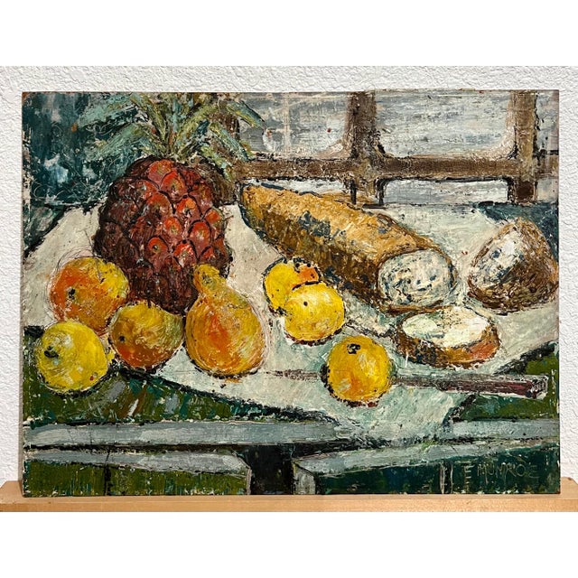Enid Munroe, Enid Munroe Mid Century Modernist Oil Painting Still Life with Fruit and Bread For Sale - Image 4 of 9