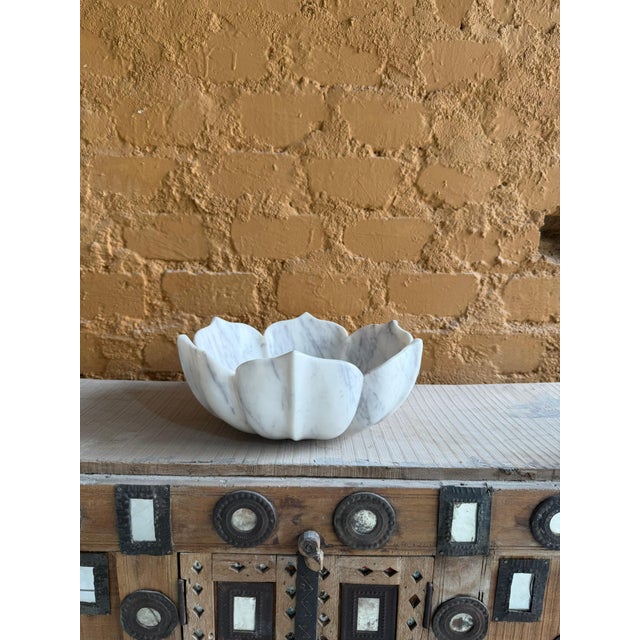 White Marble Vessel Sink – Hand-Carved Flower Shape Bathroom Basin For Sale - Image 6 of 7