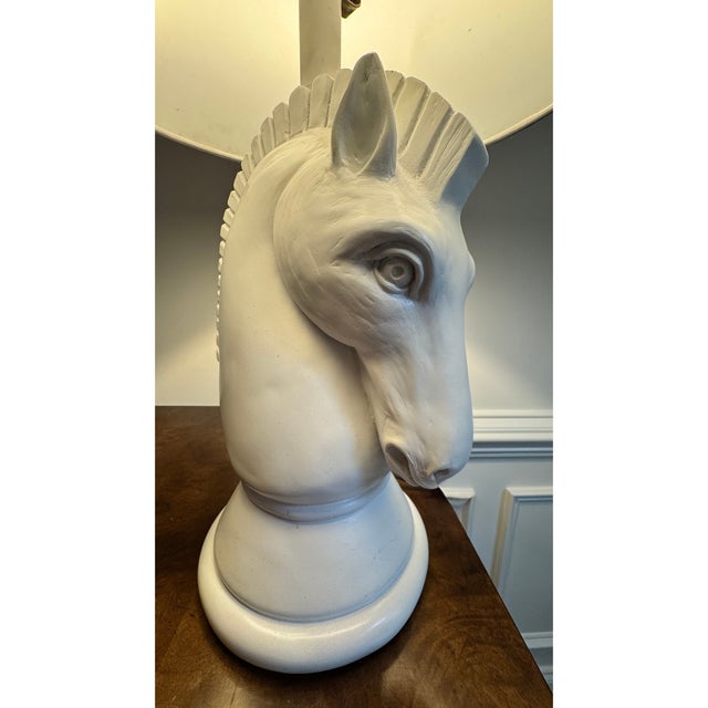 Figurative Equestrian Horse Head Chess Knight Table Lamp With Grey Linen Drum Shade | Obo For Sale - Image 3 of 6