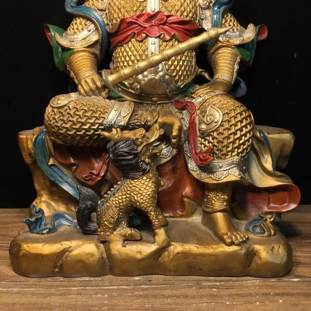 Metal Copper Zhenwu Emperor With Mythical Beast, 12" H For Sale - Image 7 of 9