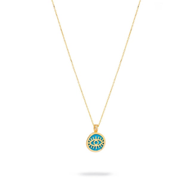 Metal Turquoise & Gold Round Evil Eye Pendant Talisman Necklace For Sale - Image 7 of 9