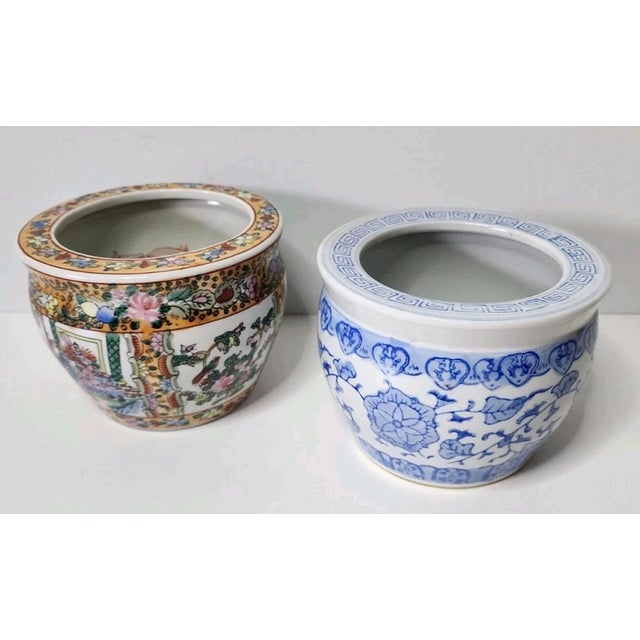 Mid-Century Modern Vintage Chinoiserie Oriental Porcelain Planter Pots-Set of 2 For Sale - Image 3 of 6