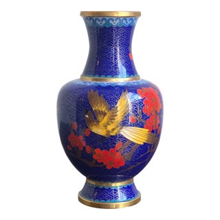 Chinese Cobalt Blue Magpie in Flight Cloisonné Vase For Sale