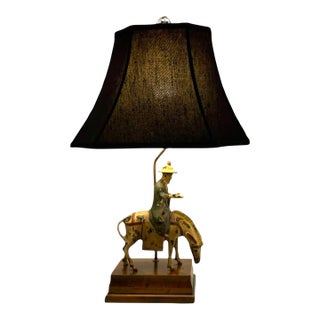 Mid 20th Century Lamp Chinese Scholar on Horse Metal and Wood Old Vintage Oriental Decor For Sale