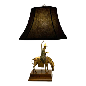 Mid 20th Century Lamp Chinese Scholar on Horse Metal and Wood Old Vintage Oriental Decor