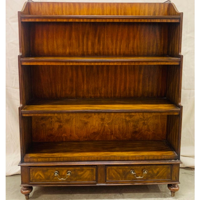 Wood Rare Maitland-Smith Regency Style Pivoting Mahogany Bookcase and Flat Screen Tv Stand With Fretwork Gallery Rail and Drawer Pulls in Brass For Sale - Image 7 of 12