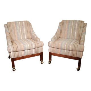 Vintage Pair 80's Club Lounge Chairs on Casters With 3d Textured Coogi Style Fabric English Regency For Sale