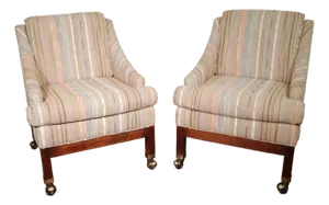Vintage Pair 80's Club Lounge Chairs on Casters With 3d Textured Coogi Style Fabric English Regency