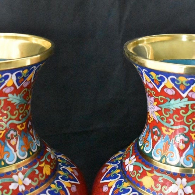 Red Pair of Monumental Chinese Cloisonné Vases | Gilt Floral & Bird Motif With Stands For Sale - Image 8 of 9