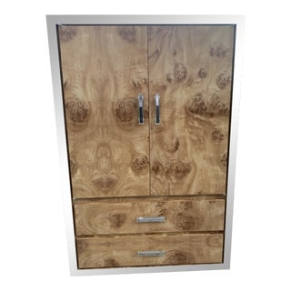 Burlwood Laminate High-Boy Dresser With Chrome Accent For Sale