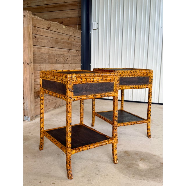 Pair Vintage British Colonial Tortoise Finish Rattan & Grasscloth Nightstands For Sale - Image 10 of 12