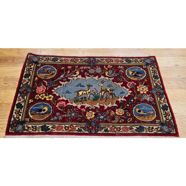 Textile Vintage Persian Tabriz Pictorial Rug, Hand-Knotted Wool & Silk, Forest Scene, Red & Blue, 2x3 For Sale - Image 7 of 15