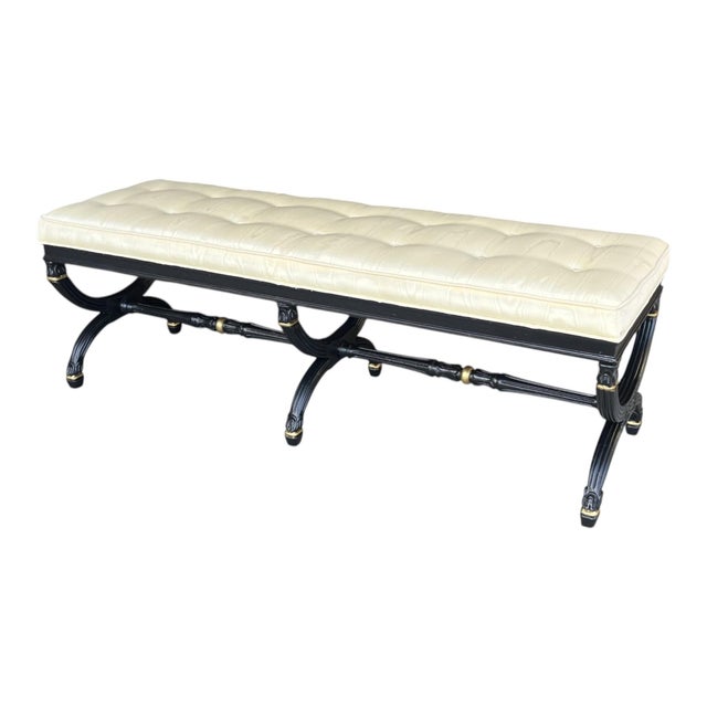 1970s Elegant Ebonized X-Base Bench With Tufted Oyster Upholstery & Gold Accents For Sale - Image 11 of 17