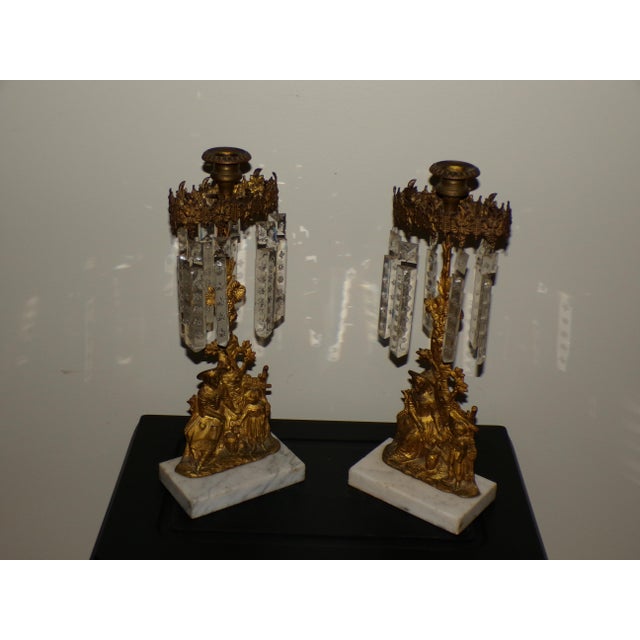 Brass Pair Antique Victorian Girandoles Brass Marble Crystal Candelabra Candle Holders For Sale - Image 8 of 15