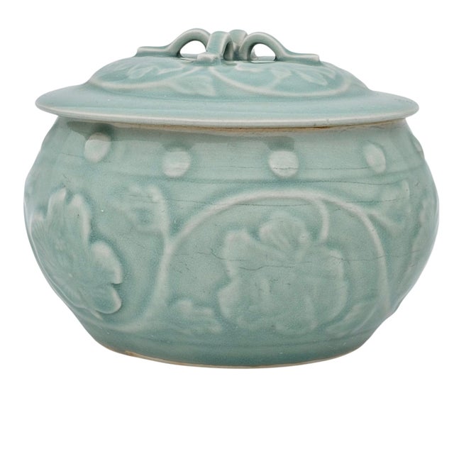 VTG Chinese Longquan Style Celadon Lidded Jar Relief Floral Round Form 8" For Sale - Image 11 of 13