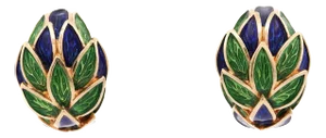 1990s Vintage Tiffany & Co. Green and Blue Enamel 18k Gold Clip-On Earrings - 2 Pieces