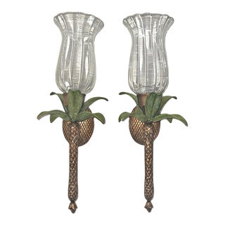 Vintage Regency Coastal Bronzed & Blown Glass Palm Candle Holder Wall Sconces, a Pair For Sale