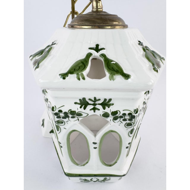 Vintage French Ceramic Pendant Light With Hand-Painted Green Birds For Sale - Image 11 of 18
