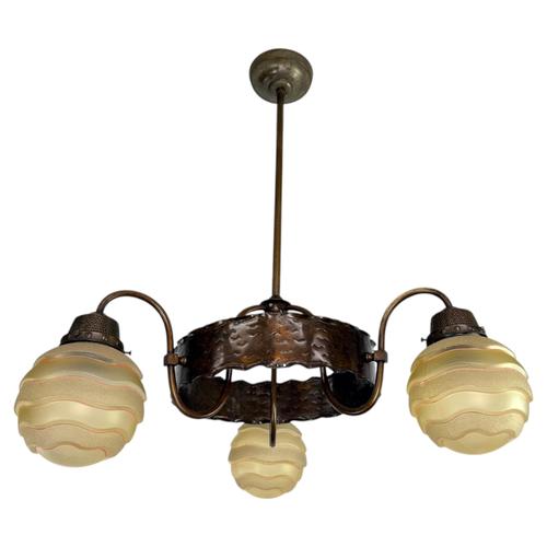 Art Nouveau Brass 3-Arm Chandelier with Scalloped Glass Shades, 1920s For Sale - Image 9 of 9