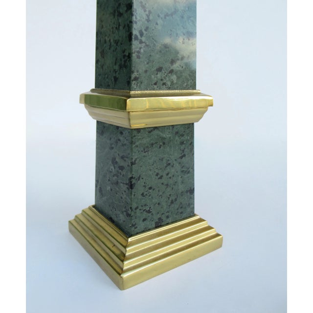 Metal C.1970's Moss Green With Charcoal and Gray Veined Large Obelisk With Brass Tiered Detailed Surround For Sale - Image 7 of 13
