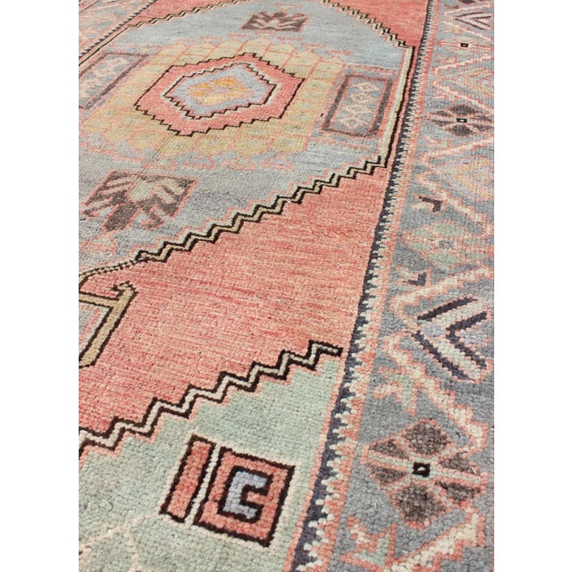 Mid 20th Century Vintage Turkish Oushak Medallion Rug in Salmon, Light Green, Gray & Light Blue For Sale - Image 5 of 7