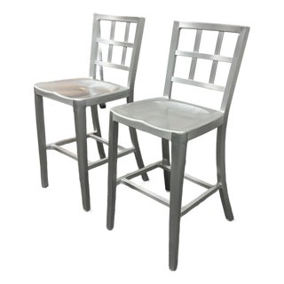Emeco Style Industrial Modern Aluminum Ladder Back Counter Stools, Pair For Sale