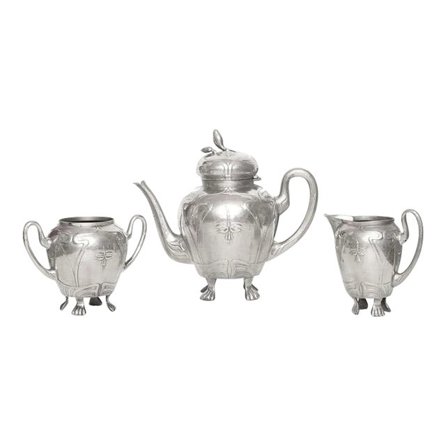 Vintage Art Nouveau Whimsical German Pewter Tea Coffee Service For Sale