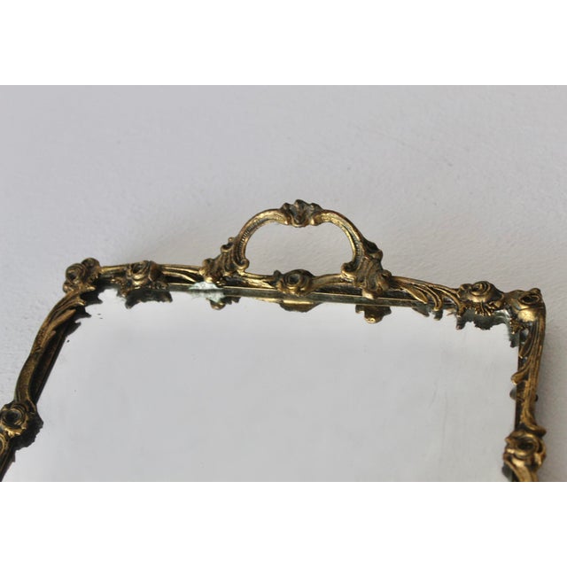 Vintage Mid-Century Rectangle German Style Floral Design Brass Frame Mirror Vanity Tray For Sale - Image 11 of 15