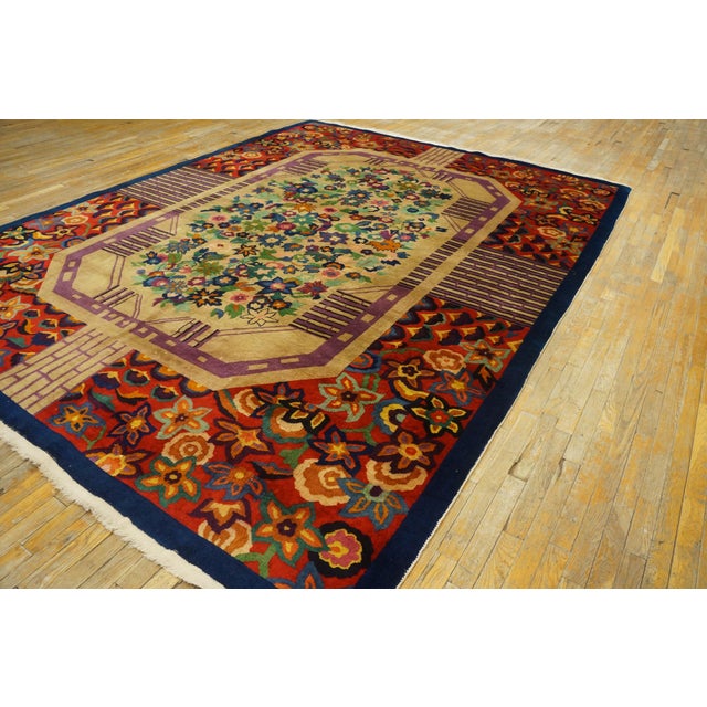 1920s Tan Camel Floral Antique Chinese Art Deco Rug 8' 9" X 11' 6" Handknotted Wool Carpet For Sale - Image 10 of 11