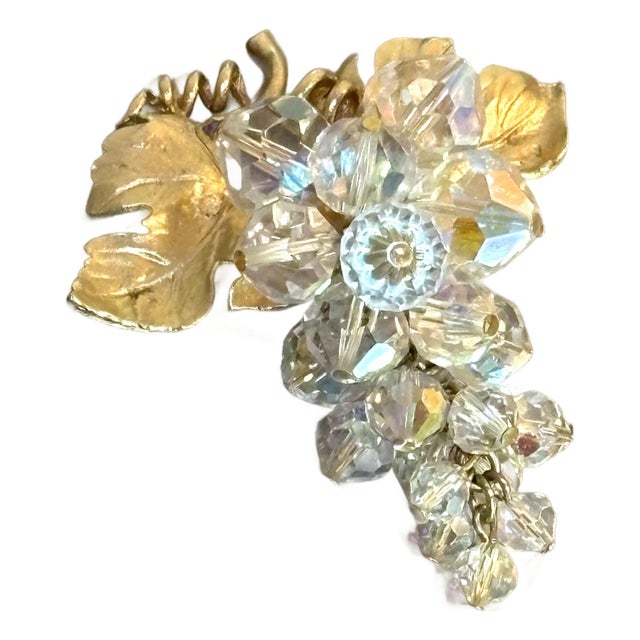 Gold Tone / Clear Bead Grape Bunch Brooch For Sale