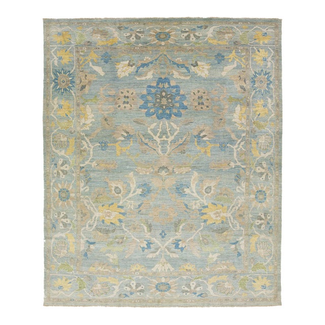 13 X 15 Light Blue Contemporary Sultanabad Floral Wool Rug by Apadana For Sale