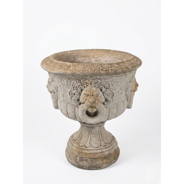 Magnificent Neoclassical Lion-Head Mascaron Urn in Weathered Cast Stone For Sale - Image 4 of 12