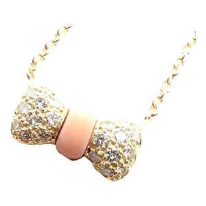 Van Cleef & Arpels 18k Yellow Gold Diamond Coral Bow Pendant Necklace