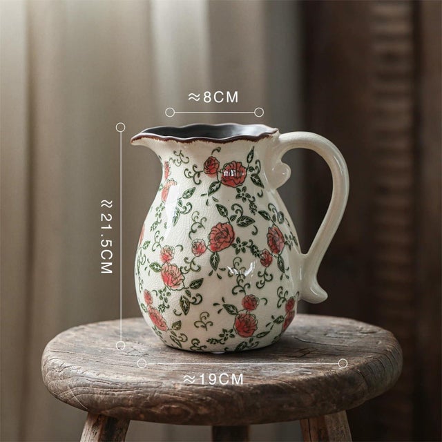 Handpainted Rose Ceramic Pitcher Vase Farmhouse Decor For Sale - Image 4 of 5