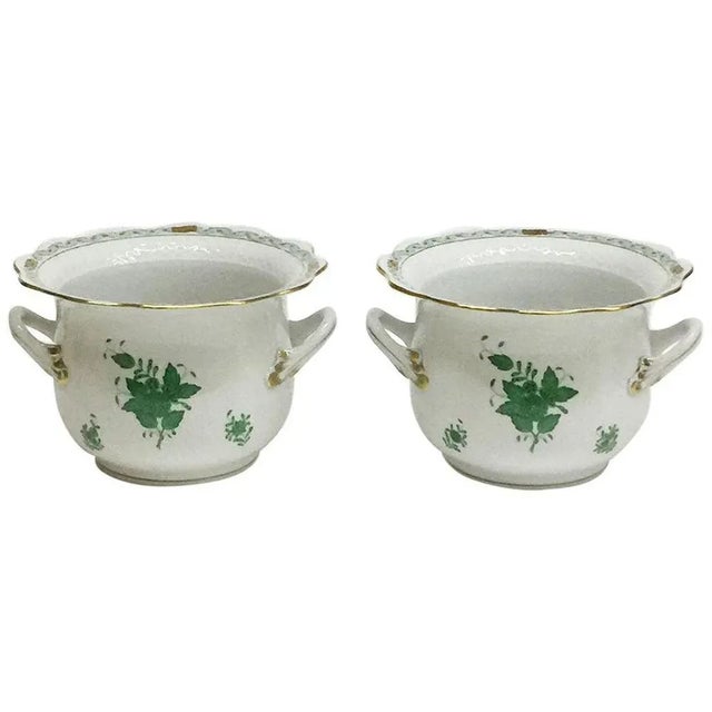Ceramic Chinese Bouquet Apponyi Green Porcelain Cachepots from Herend, Set of 2 For Sale - Image 7 of 7