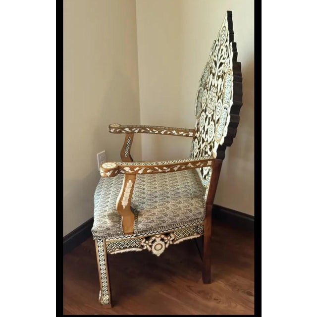 Islamic Mid 20th Century Handcrafted Syrian Mother of Pearl & Abalone Inlaid Moorish Armchair | Damascus Style | Carved Hardwood Accent Chair For Sale - Image 3 of 12