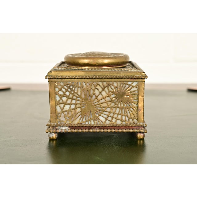 A gorgeous Arts & Crafts or Art Deco period gilt bronze and favrile slag glass "Pine Needle" pattern inkwell By Tiffany...