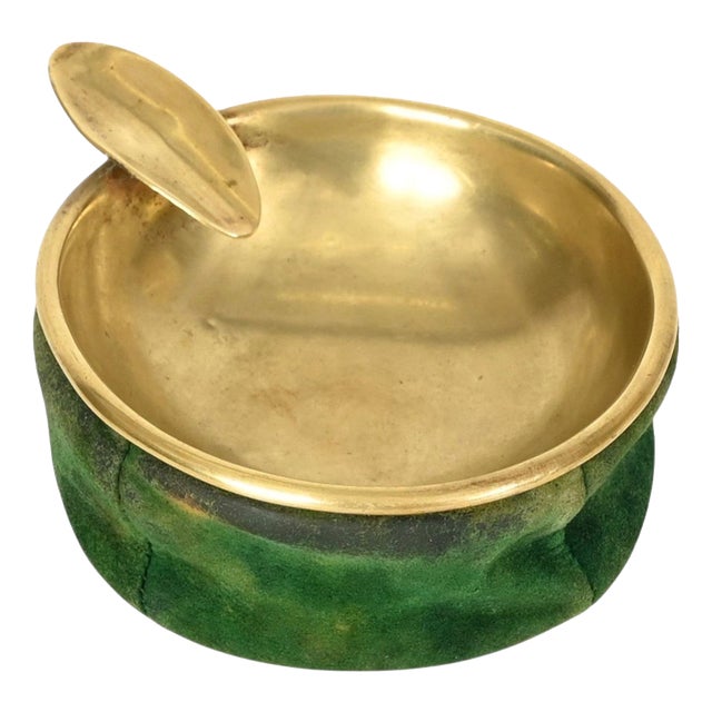 Mid-Century Italian Brass and Green Suede Ashtray, 1950s For Sale