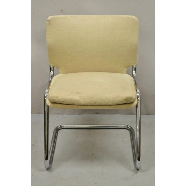 Vintage Mid Century Modern Milo Baughman Style Tubular Chrome Cantilever Side Chair with Burlap Seat. Circa Late 20th...