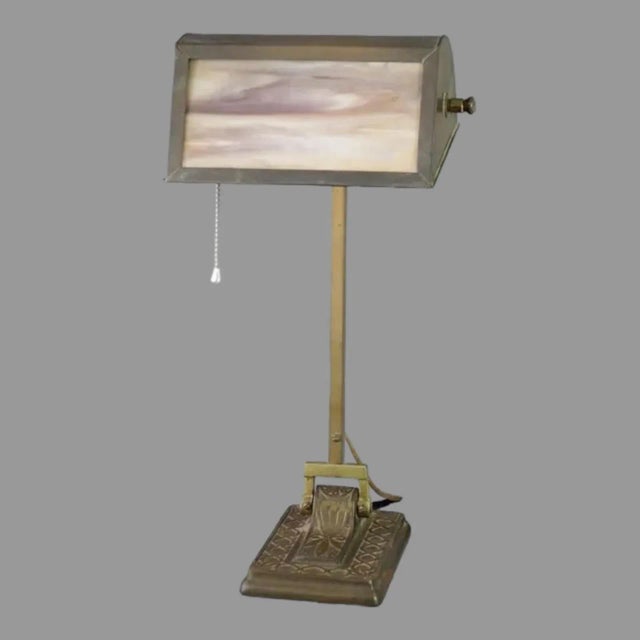 Art Deco Antique Arts & Crafts Brass & Slag Glass Bankers Desk Table Lamp For Sale - Image 3 of 11