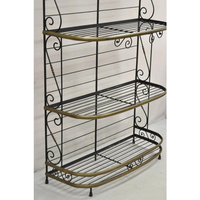 Vintage French Bakers Rack 3 Tier Scrolling Wrought Iron and Brass Etagere For Sale - Image 4 of 12