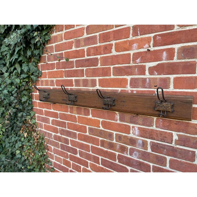 Antique English Yellow Pine Cast Iron Wooden Coat Rail 1890s For Sale - Image 6 of 8