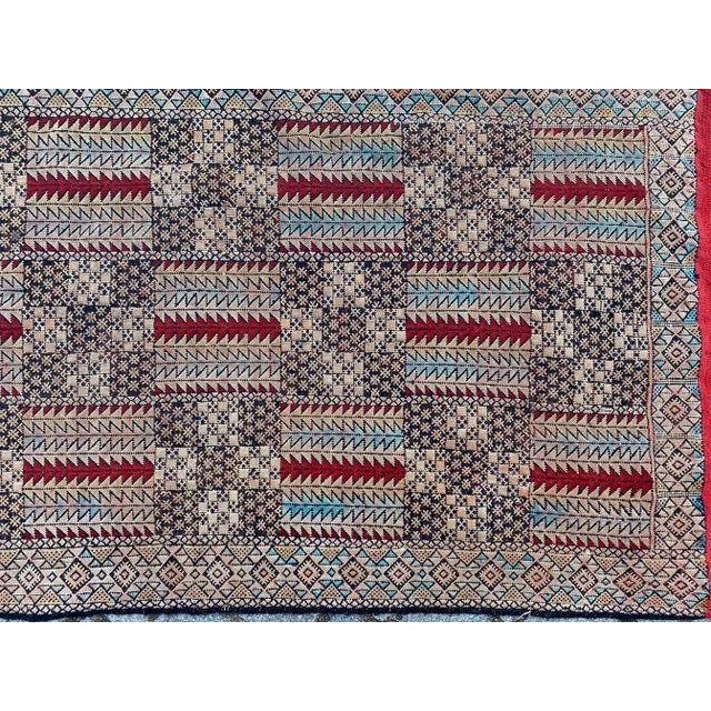 Very beautiful mid-century tribal Moroccan Kilim with a geometrical design and nice colors with red, orange, blue and...