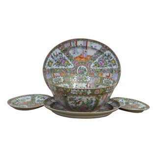 Antique Chinese Export Famille Rose Medallion Porcelain Serving Bowl & Platters For Sale