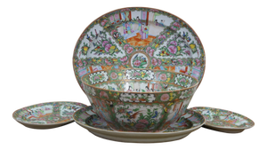 Antique Chinese Export Famille Rose Medallion Porcelain Serving Bowl & Platters