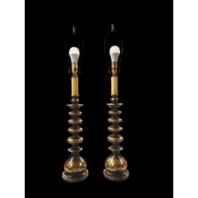 Vintage Pair of Heavy Solid Brass Stacked Disc Table Lamps Hollywood Regency Style Circa 1950-60’s Heavy solid brass and...