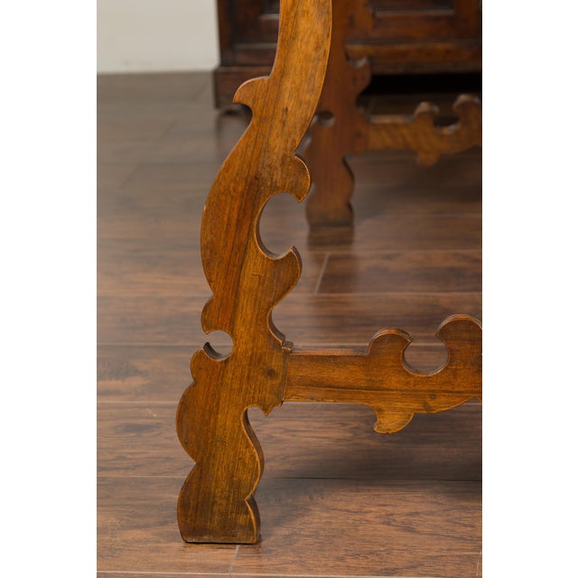 Baroque Pair of Spanish Baroque Style 1880s Walnut Console Tables with Iron Stretchers For Sale - Image 3 of 12